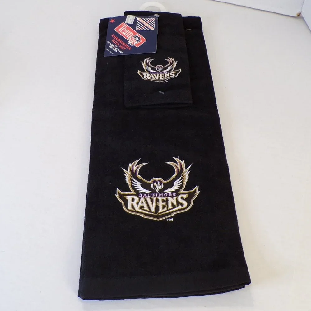 VINTAGE FIRST ROW NFL TEAM BALTIMORE RAVENS (2) PIECE EMBROIDERED BATH TOWEL SET